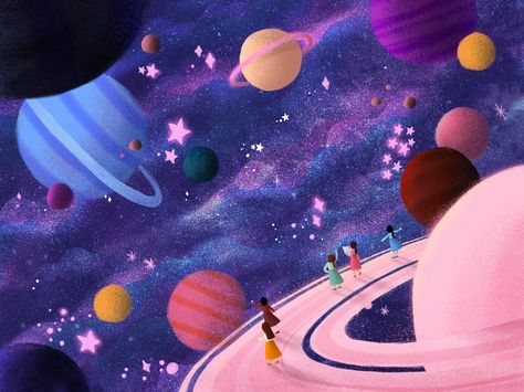 Artist G-on Illustration on Behance Illustration Space, Illustration Design Graphique, Art Spatial, Planet Drawing, 동화 삽화, Planet Design, Star Illustration, Arte 8 Bits, Space Illustration