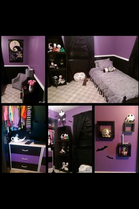 Tim burton bedroom. Nightmare Before Christmas Bedroom, Nightmare Before Christmas Decorations, Gothic Bedroom, Kids Room Paint, Nightmare Before Christmas Halloween, Christmas Decorations Bedroom, Christmas Room Decor, Christmas Bedroom, Black Furniture