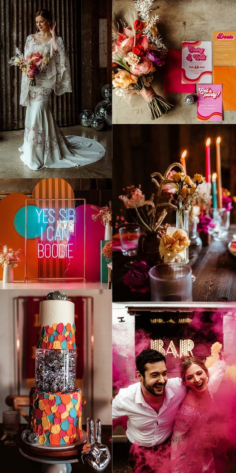 Disco Wedding Ceremony, Sunset Disco Wedding, Disco Wedding Reception Decor, Edgy Wedding Decor, Disco Boho Wedding, Boho Disco Wedding, Neon Wedding Theme, Disco Themed Wedding, Neon Boho