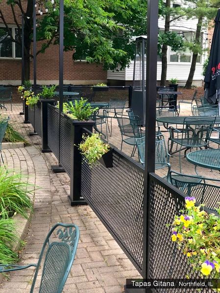 Custom Hanging Planters and Light Poles at Tapas Gitana, IL | gallery Sidewalk Patio Restaurant, Restaurant Patio Fence, Restaurant Fence, Romantic Patio, Patio Fencing, Upscale Aesthetic, Outdoor Restaurant Patio, Relaxing Patio, Restaurant Outdoor