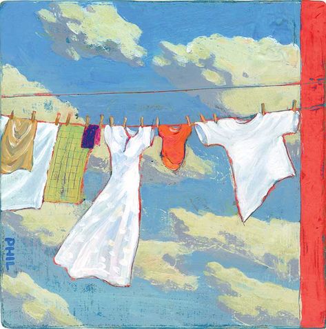 Laundry Line Art, Clothesline Drawing, Nostalgic Illustration, Laundry Art, Hanging Laundry, 심플한 그림, Whimsical Art Paintings, Drawing Examples, Conceptual Illustration