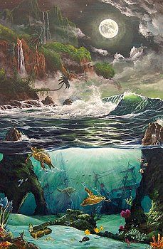 Marco Antonio Aguilar - Moondance Under Water Painting, Life Under Water, Waterfall Artwork, Antonio Aguilar, Research Art, Waterfall Wall Art, Turtle Wall Art, Life Under The Sea, Waterfall Wall