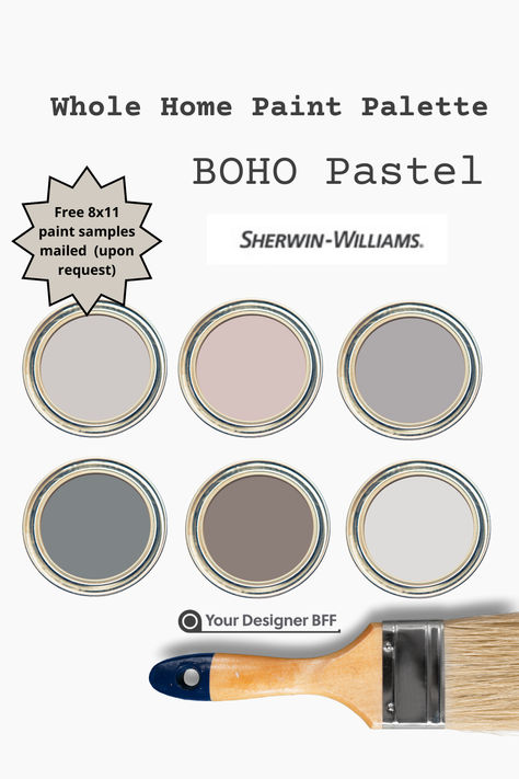 Discover the beauty and harmony of our exclusive Boho Pastel Color Palette for Sherwin Williams, expertly curated to bring a cohesive and stylish touch to your home. This stunning paint palette features a range of beautiful pastel colors, perfect for creating a warm, inviting atmosphere in any room. Use it as your go-to guide for selecting paint colors for your entire home, including cabinets and trim. Whole House Interior Design, Color Palette Sherwin Williams, Sherwin Williams Color Palette, Pastel Color Palette, House Interior Design, Pastel Colour Palette, Paint Palette, Paint Schemes, Decorating Blogs