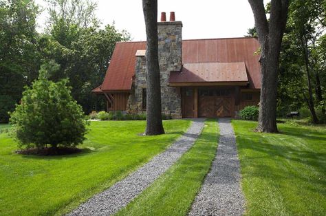 Northern European style home with refined rustic touches in Minnesota Grass Driveway, Permeable Driveway, Modern Driveway, American Barn, Driveway Paving, Stone Chimney, Stone Driveway, European Style Homes, Carriage Doors