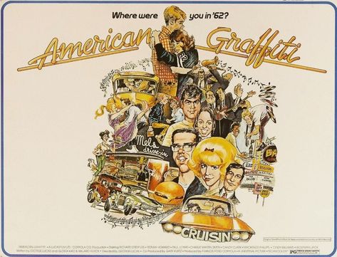 Happy 51st Anniversary to "American Graffiti"! 🚗🎶✨ Premiered on August 1, 1973, George Lucas's coming-of-age classic perfectly captured the spirit of the early 1960s. With an incredible cast, including Richard Dreyfuss, Ron Howard, and Harrison Ford, this film takes us on a nostalgic ride through an unforgettable night of cruising, rock 'n' roll, and teenage dreams. It's a timeless reflection of youth, friendship, and the American experience. 🎥🌟 #AmericanGraffiti #Anniversary #GeorgeLucas #... Happy 51st Anniversary, American Grafitti, 70s Mood Board, Call Movie, American Graffiti Movie, Movies Marathon, 60s Posters, March Vibes, 70s Graphic Design