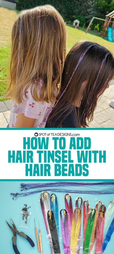 How To Add Hair Tinsel With Beads - Spot of Tea Designs How To Put In Fairy Hair Tinsel, How To Add Tinsel To Hair, How To Put Tinsel In Hair, Hair Tinsel How To Put In, Hair Tinsel With Beads, Hair Tinsel Brunette, Hair Tinsel Ideas, Diy Hair Tinsel, Crazy Hair For Kids