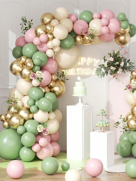 Outside Balloon Arch, Boho Birthday Party Decorations, Pink Balloon Garland, Deco Ballon, Boho Birthday Party, Balloon Arches, Pastel Balloons, Gold Birthday Party, Green Balloon