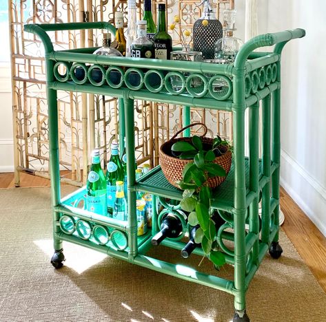 Happy St. Patrick's Day🍀 As luck would have it, our Moderne Maru Bar Cart looks amazing in green. And she’s well stocked for the weekend! 💚 . . . #redeggfurniture #rattanfurniture #rattan #barcart #rattanbarcart #stpatricksday #luck #green #paintedgreen Egg Furniture, Rattan Bar Cart, Built In Wine Rack, Rattan Bar, Airy Room, Bar Cart Styling, Bamboo Furniture, Friday Afternoon, Furniture Renovation