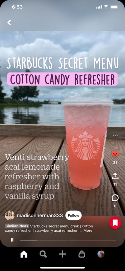 Cotton Candy Refresher Starbucks, Cotton Candy Refresher, Pretty Starbucks Drinks, Strawberry Açai Refresher, Refresher Starbucks, Strawberry Acai Refresher, Cold Starbucks Drinks, Starbucks Orders, Secret Starbucks Recipes