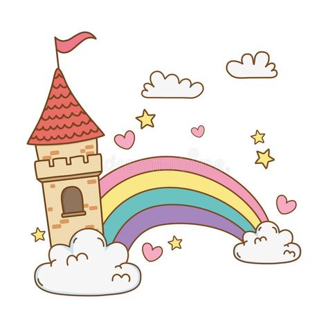 Clouds With Rainbow, Rainbow Scene, Castle Fairytale, Castle In The Clouds, Homecoming Decorations, Child Guidance, Headband Crafts, Lemon Art, Castle Art