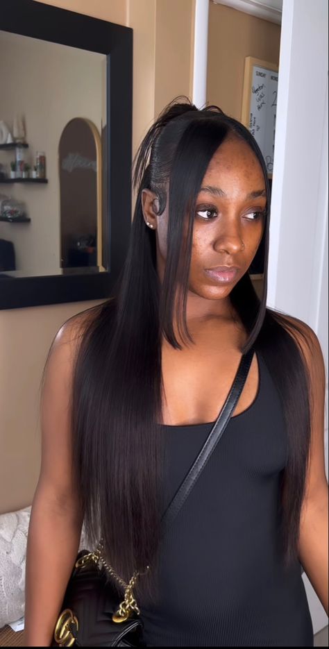 Half Up Half Down Hair Two Strands, Half Up Half Down Swoop Straight Hair, Half Up Half Down With Two Strands, Half Up Half Down With Side Part, Straight Backs, Quick Weaves, Slick Ponytail, Natural Straight Hair, Sleek Ponytail Hairstyles