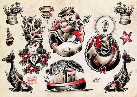 "Popeye Tattoo Flash" by Jesper Bram  http://popeyeartshow.tumblr.com/https://www.facebook.com/events/906739306021159/?fref=tswww.herocomplexgallery.com Vintage Tattoo Men, Popeye Tattoo, Popeye Cartoon, Vintage Style Tattoos, Popeye The Sailor Man, Traditional Tattoo Sleeve, Flash Sheet, Tattoo Flash Sheet, Traditional Tattoo Design