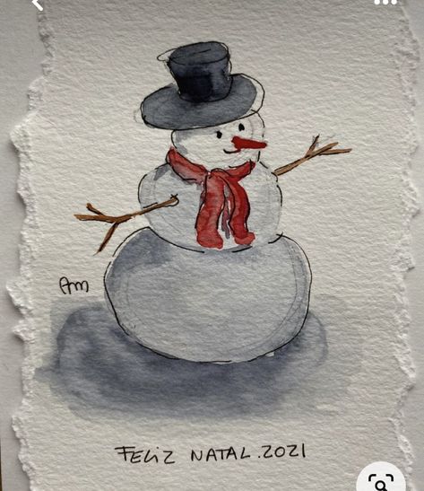 Christmas Drawing Ideas Watercolor, Painting Of Snowman, Christmas Cards Painted Watercolor, Watercolor Postcards Christmas, Diy Christmas Card Watercolor, Christmas Postcard Watercolor, Christmas Card Snowman, Xmas Watercolor Cards, Homemade Cards Christmas