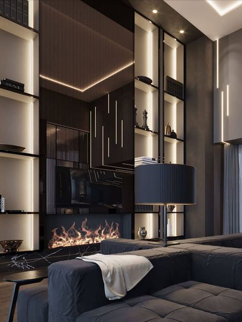 Dubai Interior Design Projects: SAI Luxury Lifestyle Luxury Bookcase, Luxury Living Room Design, Lobby Design, Home Luxury, Living Room Design Decor, Luxe Interiors, Stylish Living Room, Luxury Homes Interior, Residential Interior Design