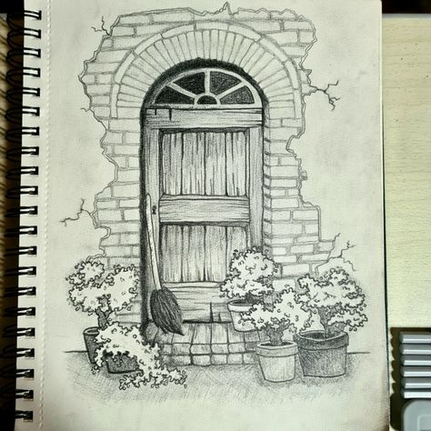 Pencil drawing of a wooden door with exposed bricks surrounded by plants and a magic broom. Love these town houses and vibes. Magic Door Drawing, Wooden Door Drawing, Fantasy Door Drawing, Magical Door Drawing, Wooden House Drawing, House Pencil Drawing, Drawing White On Black, Witchy Door, Door Drawing