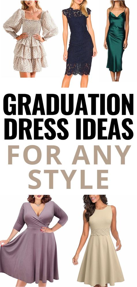 GRADUATION DRESS IDEAS FOR ANY STYLE. Black and beige text on white background. Collage of 5 different graduation dress ideas including ruffle dress, blue lace dress, green satin slip dress, purple plus size grad dress, and cream A-line grad dress College Graduation Outfit Ideas Winter, Graduation Looks Outfits, Graduation Outfit Ideas Winter, Grad Dress Ideas, College Graduation Dress Ideas, College Graduation Pictures Outfits, University Graduation Dress, College Graduation Outfit Ideas Dresses, Graduation Outfit Ideas Plus Size