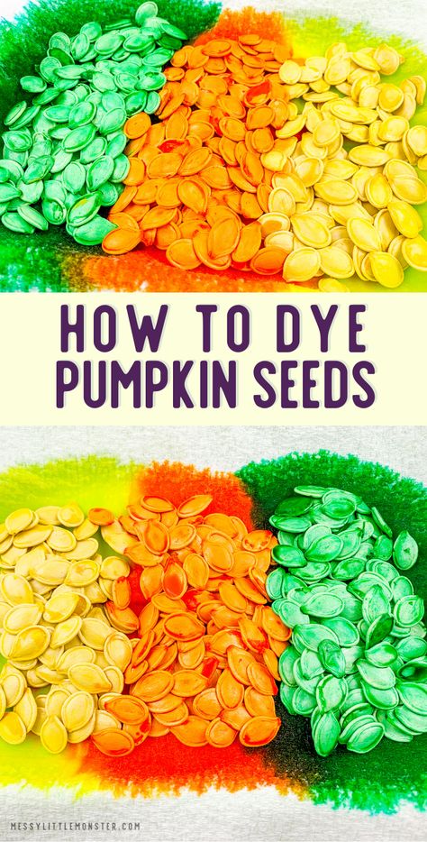 How To Dye Pumpkin Seeds, Pumpkin Seed Tree Craft, Pumpkin Seed Art Preschool, Pumpkin Seeds Activities Preschool, Pumpkin Seed Sensory Bin, Pumpkin Seed Crafts Preschool, Crafts With Pumpkin Seeds, Pumpkin Seed Activities For Preschool, Pumpkin Seed Craft