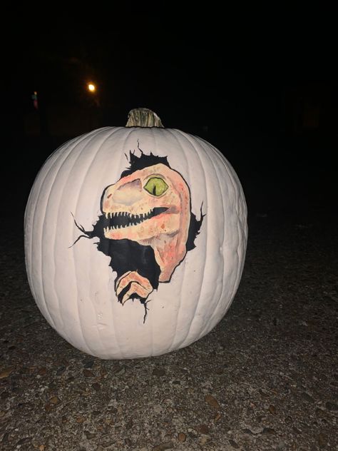 Dinosaur Egg Pumpkin, Dinosaur Pumpkin Painting, Trex Pumpkin, Pumpkin Dinosaur, Jurassic Park Velociraptor, Dinosaur Pumpkin, Fall Harvest Party, Pumpkin Designs, Halloween Pumpkin Designs