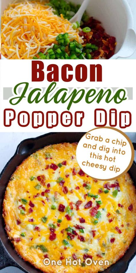 Indulge in the ultimate crowd-pleaser with this easy-to-make baked jalapeno popper dip. Packed with spicy jalapenos, creamy cheese, and savory bits of bacon, this dip is an absolute flavor explosion! Perfect for parties cookouts, even family game night, this cheesy dip is always a hit. Just mix, bake, and enjoy the gooey goodness that delicious with your favorite dipable. We like to bake this in a cast-iron skillet, cut a casserole works too! Jalopinos Poppers Dip, Popper Dip Recipe, Jalapeño Bacon, Jalapeno Cream Cheese Dip, Jalapeno Popper Dip Recipe, Bacon Cheese Dips, Hot Dips, Yummy Appetizers Parties, Savory Dips