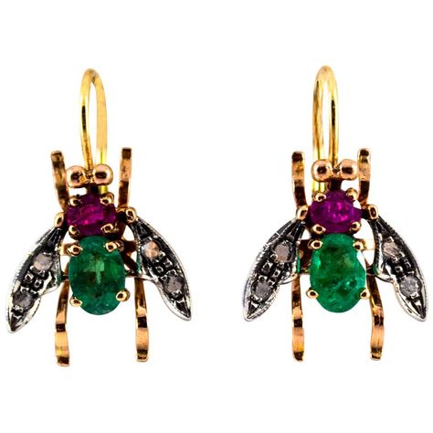 3.10 Carat Ruby Emerald White Rose Cut Diamond Yellow Gold Dangle Flies Earrings Butterfly Earrings Gold, Horse Earrings, Mabe Pearl, Simple Diamonds, Diamond Dangle Earrings, Ruby Emerald, Vs Diamond, Art Deco Earrings, Earring Crafts