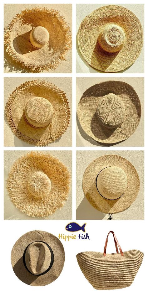 Hippie Fish straw hats are handmade from organic raffia and come in a variety of designs. Crochet raffia hats, straw covered, the porcupine long fringe hat. Sun hats and the Explorer, come and check them out. Raffia Hats, Straw Hats Outfit, Fringe Hat, Hats Outfit, Fun Straws, Wide Brim Straw Hat, Coastal Artwork, Greek Gifts, Crochet Eyes