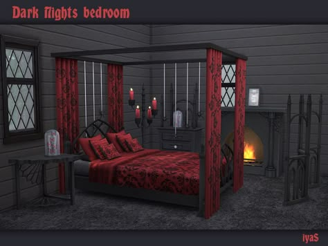 Dark Nights Bedroom set for your gothic sims. Includes 11 objects:  Found in TSR Category 'Sims 4 Adult Bedroom Sets' Sims 4 Vampire, Sims 4 Cc Goth, Gothic Bed, Cc Packs, Goth Bedroom, Gothic Room, Die Sims 4, Gothic Bedroom, Sims 4 Bedroom