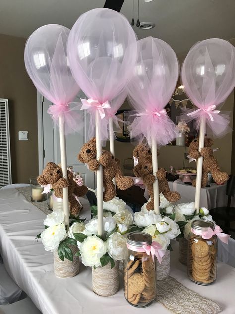 Ballons On Sticks Centerpiece, Pink Teddy Bear Baby Shower Table, Teddy Bear Baby Shower Theme Girl Centerpiece, Flower Centerpieces For Baby Shower Girl, Simple Treat Table, Baby Shower Girl Bear Theme, Baby Girl Teddy Bear Shower Ideas, Bearly Wait Centerpieces, Baby Shower Teddy Bear Centerpieces