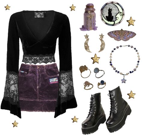 Witchy Outfits 90s, Whismgothic Aesthetic Outfits, Cute Goth Aesthetic Outfits, Whimsigoth Outfit Board, Y2k Witch Outfit, Whimsical Witchy Outfits, Witchy Y2k Outfits, Whimsi Goth Outfit, 2000s Witchy Fashion