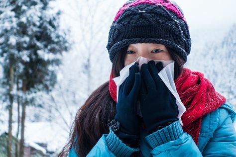 Flu outbreaks tend to strike about a week after the winter's first cold spell, researchers say. Winter Allergies, Surviving Winter, Sinus Allergies, Fruit Health Benefits, Head Cold, Winter Survival, Cough Drops, Seasonal Allergies, Toned Arms