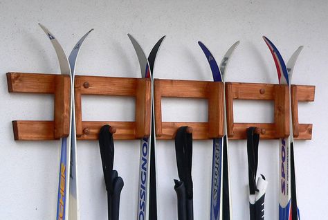 Ski Rack Diy, Diy Ski Rack, Ski Rack Garage, Modern Ski House, Snowboard Storage, Ski Racks, Ski House Decor, Snowboard Racks, Gear Room