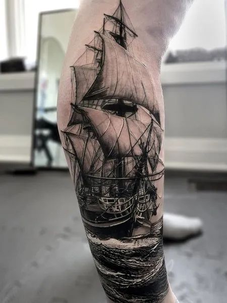 Ship Leg Tattoo Ship Leg Tattoo, Pirate Tattoo Leg, Ship Tattoo Sleeves, Leg Tattoos For Men, Calf Tattoo Men, Nautical Tattoo Sleeve, Pirate Ship Tattoo, Thigh Tattoo Men, Leg Tattoo Ideas