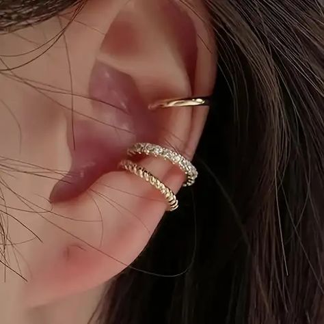 Sparkling Rhinestone Ear Cuffs Elegant Alloy Design Stylish - Temu Earring Cuffs, Conch Cuff, Rhinestone Ear Cuff, Evening Accessories, Ear Crawler Earrings, Fake Piercing, Estilo Boho Chic, Gold Ear Cuff, Casual Jewelry