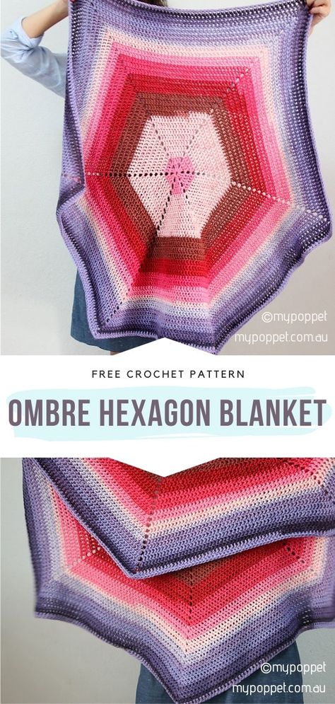 Ombre Hexagon Blanket Free Crochet Pattern  If you have ombre yarn and a crochet hook, you are ready to make this blanket! This lovely beginner-level design requires absolutely basic skills in crocheting.  #crochetblanket #crochetstarblanket #crochethexagon #easycrochet #freecrochetpattern Crochet Hexagon Blanket, Hexagon Blanket, Crochet Hat Patterns, Ideas For Crochet, Ombre Yarn, Vintage Crochet Patterns, Crochet Blanket Designs, Crochet Triangle, Basic Skills