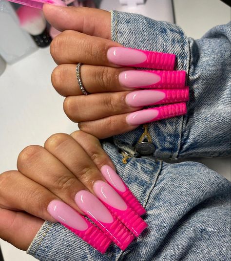 Hot Pink Nail Inspo Acrylic, Hot Pink Long Nails, Nails For Baddies, Hot Pink Nail Ideas, Hot Pink Nail Designs, Hot Pink Nail, Acrylic Nails Nude, Long Acrylic Nail Designs, Hot Pink Nails