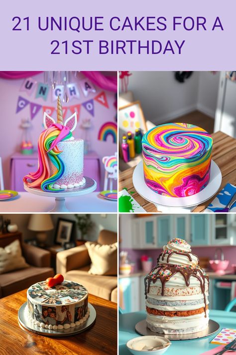 These four images showcase 21 unique cake designs for celebrating a 21st birthday, including a unicorn fantasy cake, a tie-dye marble cake, a photo collage cake, and an ice cream sundae cake, perfect for your big celebration. Birthday Cake For Multiple People, Funny Bday Cakes, Ice Cream Sundae Cake, Candy Birthday Cake, Creative Cake Ideas, Sundae Cake, Cake Styles, Colorful Birthday Cake, Teen Cakes