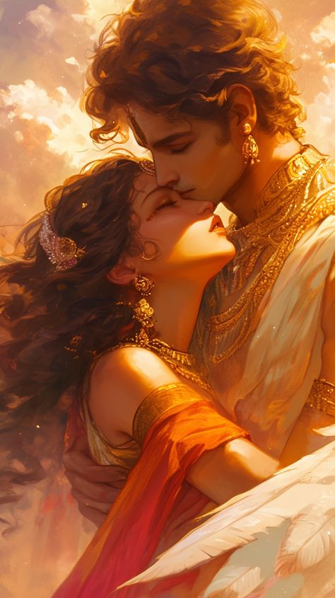 Witness the sublime unity as the Divine Feminine gracefully surrenders in the authoritative, protective embrace of the Divine Masculine. This deep bond embodies the harmonious balance of Yin and Yang; an emblem of cosmic unity and wholeness. Divine Marriage, Indian Couple Aesthetic, Unique Radha Krishna Images, Mahadev Parvati, Vishnu Ji, Couple Embracing, You Are My Moon, Yin Yang Art, Howl And Sophie