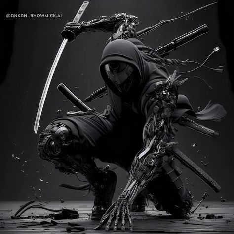 Modern Ninja Concept Art, Cyberpunk Male Character Design, Cyberpunk Samurai, Japanese Art Samurai, Warrior Concept Art, Arte Ninja, Futuristic Armor, Samurai Wallpaper, Cyborgs Art