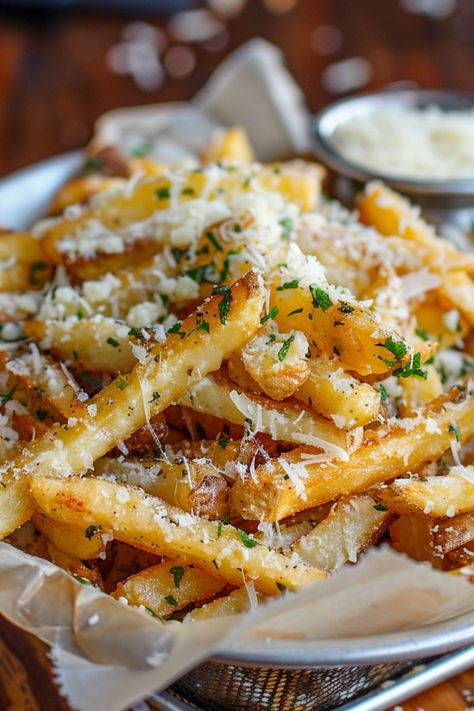 French Fries Truffle, Truffle Fries Photography, Truffle Parmesan Fries, Savory Food Aethstetic, Yummy Savory Snacks, Gourmet French Fries, Yummy Food Savory, French Fries Aesthetic, Gourmet Sides