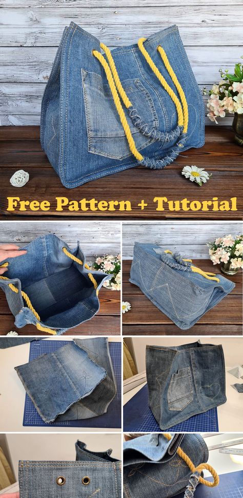 Recycled Denim Bag. Free Pattern & Tutorial Diy Denim Bag, Denim Bags From Jeans, Diy Jean Bag, Återvinna Jeans, Diy Bags Jeans, How To Make Jeans, Tas Denim, Recycled Denim Bags, Jean Bag