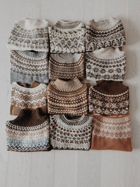 Knitted Fair Isle Sweater Patterns, Knit Icelandic Sweater, Stranded Knitting Patterns Simple, Brown Fair Isle Sweater, Knitting Pattern Fair Isle, Mens Fair Isle Sweater Knitting Pattern, Colorwork Yoke Sweater, Color Work Knitting Pattern Free, Icelandic Sweaters Pattern Knitting