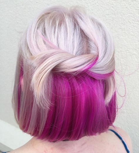 Pink underneath blonde hair Wanded Hair, Under Hair Color, Pink And Purple Hair, Hidden Hair Color, Winter Hair Color Trends, Peekaboo Hair Colors, Maroon Hair, Makeup Purple, Underlights Hair