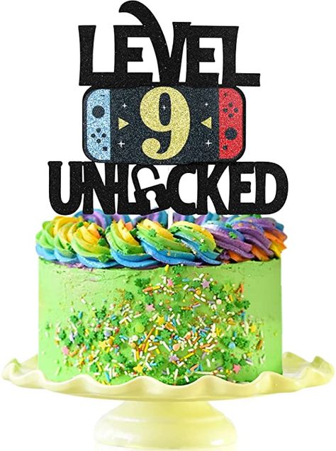 Amazon.com: Level 9 Unlocked Game Birthday Cake Topper - Video Game Boy's 9th Birthday Game On Party Cake Supplies - Gaming Level Up Winner Party Decoration : Grocery & Gourmet Food 9th Birthday Cake Boys, Level Up 10 Birthday Cake, Level 13 Unlocked Birthday Cake, Video Game Cakes For Boys, Level Up Birthday Party, Level Up Birthday Cake, Gaming Cake, Level 9 Unlocked Birthday, 10th Birthday Cakes For Boys