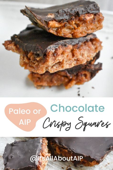 Paleo Chocolate Crispy Squares (AIP option) - Its All About AIP Carob Chips Recipes, Aip Dessert Recipes, Aip Baking, Desserts With Chocolate Chips, Paleo Meal Prep, Aip Paleo Recipes, Aip Desserts, Carob Chips, Dairy Free Chocolate Chips