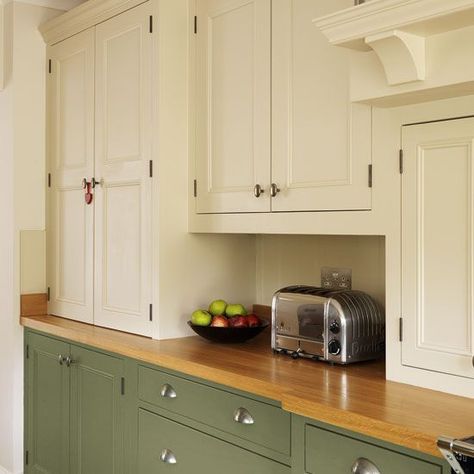 Cupboards | Step inside this traditional muted green kitchen | Reader kitchen | PHOTO GALLERY | Beautiful Kitchens | Housetohome Green Cupboards, Soft Green Kitchen, Dapur Rustic, Model Dapur, Two Tone Kitchen Cabinets, Kitchen Ideals, Kabinet Dapur, Green Kitchen Cabinets, Country Style Kitchen