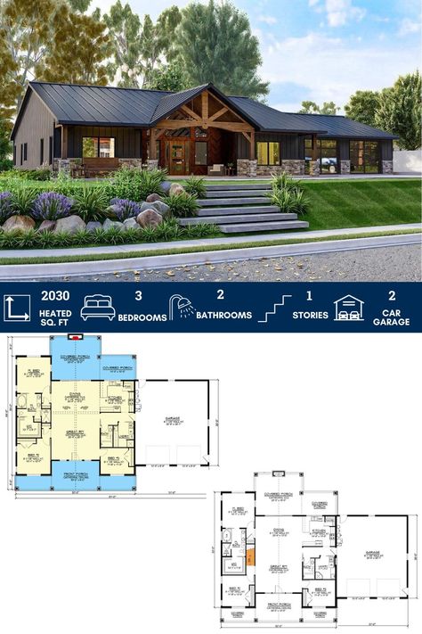 One-Story Country Craftsman House Plan with Vaulted Great Room and 2-Car Garage 1 Story House Plans, Porch Covers, Single Story House Floor Plans, Rambler House Plans, Country Craftsman House, Country Craftsman House Plans, One Level House Plans, Retirement House Plans, 1 Story House