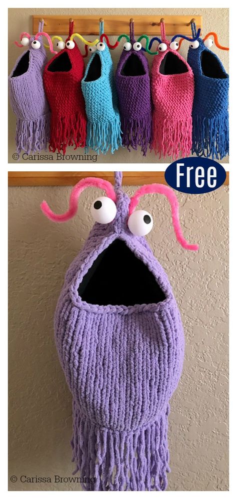 Yip Yips Hanging Baskets Free Knitting & Crochet Pattern. Diy Tricot, Yip Yip, Knitting Bag, Crochet Basket Pattern, Bag Sewing, Free Knitting Pattern, Easy Knitting, Loom Knitting, Crochet For Kids