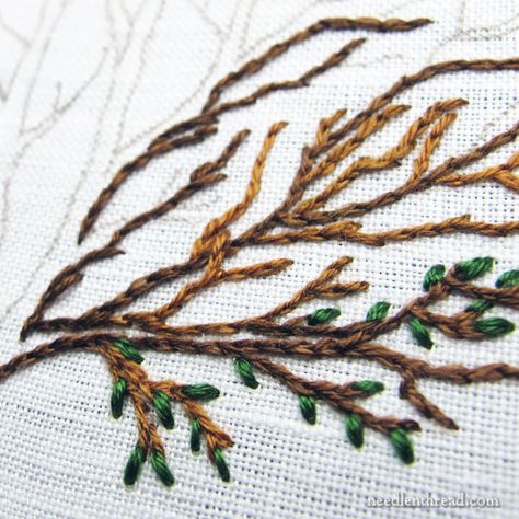 Tree Branch Embroidery Pattern, How To Embroider Tree Branches, Embroidery Tree Branch, Tree Bark Embroidery, Embroidered Trees Embroidery, Embroidered Trees Simple, Embroidery Trees Tutorials, Embroidery Branch, Tree Branch Embroidery