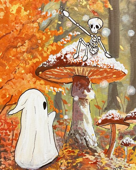 Mushroom Forest 🍄‍🟫 ✨ Finally a magical autumnal Sad Soulmates painting! If you’re looking for some art to hang on your walls this Halloween our Sad Soulmates collection features a ghost and skeleton enjoying their afterlife together 🍁 Gouache painting on paper Prints and original are available! Link in bio . . . . . . . #art #artist #artwork #artistsoninstagram #artoftheday #artcollector #artcollector #studioghibli #halloween #cuteart #spookyart #gouache #gouachepainting #gouachep... Soulmates Painting, Wild Mushroom Photography, Gothic Artwork, Fairy Tale Illustration, Mushroom Forest, Gothic Fairy, Whimsical Paintings, Halloween Artwork, Garden Whimsy