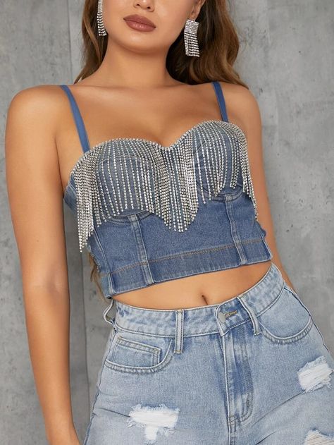 Rhinestone Fringe Top, Denim Rhinestone, Rhinestone Fringe, Top Shein, Fringe Top, Women Tank Tops, Cami Crop Top, Shein Style, Tank Top Cami