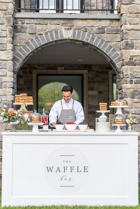 Chic Brunch Party meets Fairytale Castle Wedding - Hey Wedding Lady Waffle Station Wedding, Pancake Bar Wedding, Affogato Bar Wedding, Wedding Party Ideas Decoration, Brunch Wedding Aesthetic, Crepe Station Wedding, Morning Wedding Ideas Brunch Reception, Waffle Station Brunch Party, Wedding Brunch Menu Ideas